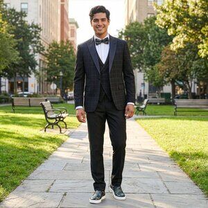 New 2026 Mens 3pc Windowpane Black Suit Set, Skinny Fit